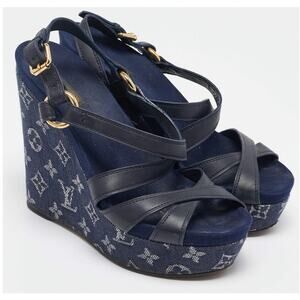 Louis Vuitton Navy Blue Leather and Monogram Denim Ocean Wedge Sandals Size 38.5
